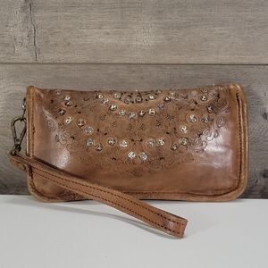 Platania Brown Studded Leather Wristlet Clutch
